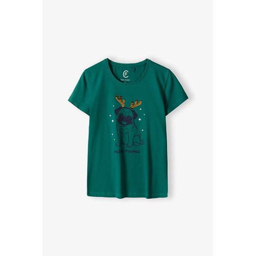 T-shirt damski z napisem "Merry Pugmas " zielony Family Concept By 5.10.15. S okazja 5.10.15