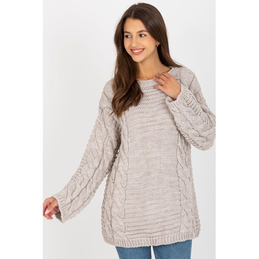 Jasnobeżowy sweter z warkoczami i szerokim rękawem RUE PARIS one size 5.10.15 promocyjna cena