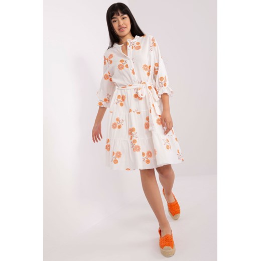 Biało-pomarańczowa wzorzysta sukienka z falbaną Lakerta M 5.10.15