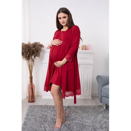 Bawełniany szlafrok z koronką dla kobiet w ciąży - bordowy ze sklepu 5.10.15 w kategorii Bielizna ciążowa - zdjęcie 169727457