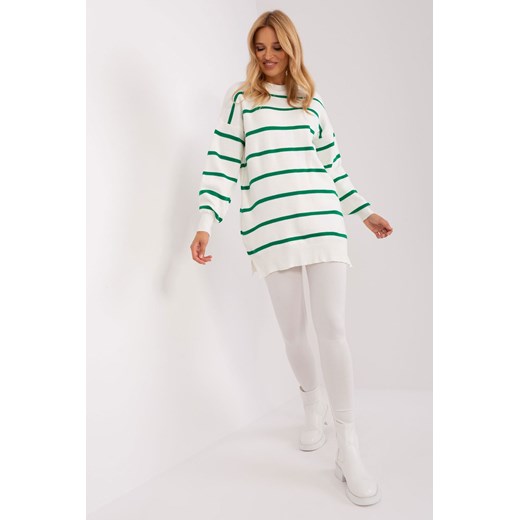 Zielony-ecru sweter oversize z okrągłym dekoltem ze sklepu 5.10.15 w kategorii Swetry damskie - zdjęcie 169727879
