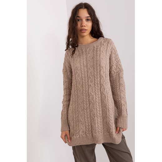 Ciemnobeżowy sweter z warkoczami z wełną ze sklepu 5.10.15 w kategorii Swetry damskie - zdjęcie 169728429
