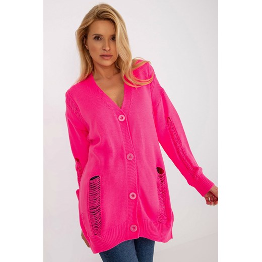 Fluo różowy luźny sweter rozpinany z dziurami RUE PARIS ze sklepu 5.10.15 w kategorii Swetry damskie - zdjęcie 169730839