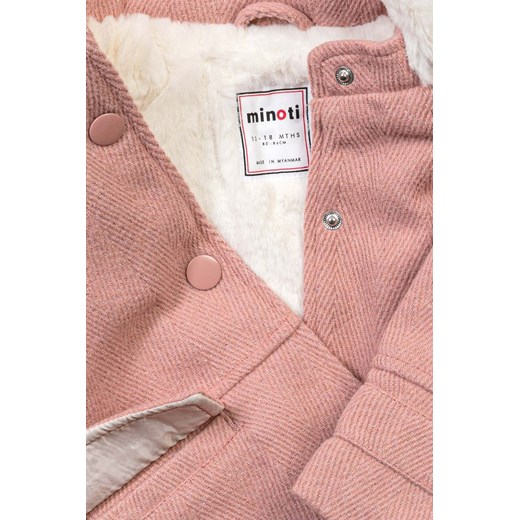 Ciepły płaszcz różowy niemowlęcy z kapturem obszywanym futerkiem Minoti 80/86 okazyjna cena 5.10.15