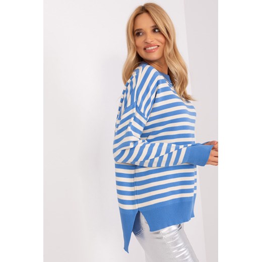 Niebiesko-ecru dzianinowy sweter oversize w paski one size 5.10.15
