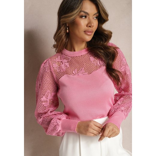 Różowy Koronkowy Sweter z Długim Rękawem Brinca ze sklepu Renee odzież w kategorii Swetry damskie - zdjęcie 169741737