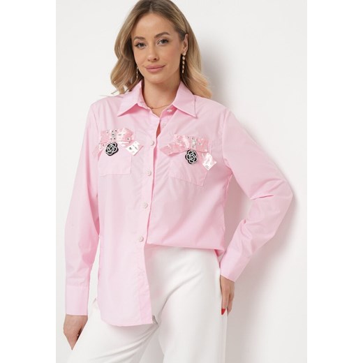 Różowa Koszula na Biżuteryjne Guziki ze Zdobionymi Kieszeniami Nerlla ze sklepu Born2be Odzież w kategorii Koszule damskie - zdjęcie 169746739