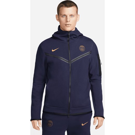 Męska bluza z kapturem i zamkiem na całej długości Nike Paris Saint-Germain Tech Fleece Windrunner - Niebieski ze sklepu Nike poland w kategorii Bluzy męskie - zdjęcie 169756217