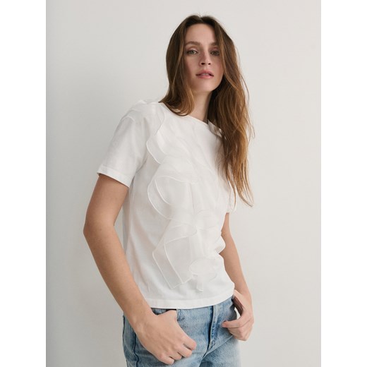 Reserved - T-shirt z ozdobną falbaną - biały ze sklepu Reserved w kategorii Bluzki damskie - zdjęcie 169779968