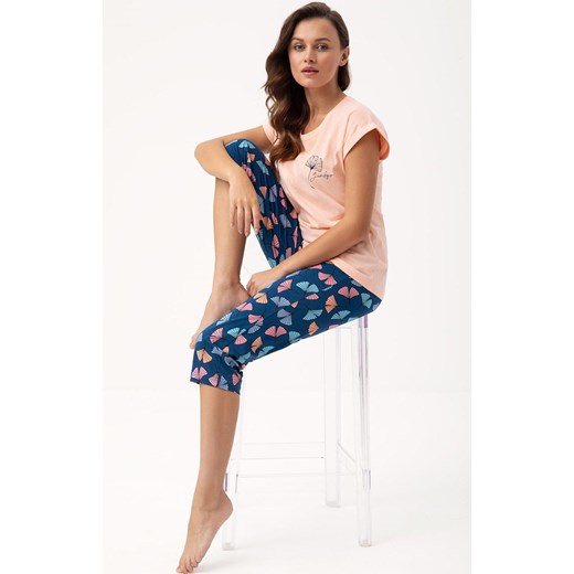 Bawełniana piżama damska łososiowa w liście 687, Kolor łososiowy-granat, Rozmiar L, Luna ze sklepu Intymna w kategorii Piżamy damskie - zdjęcie 169782425