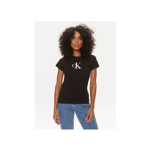 Calvin Klein Jeans T-Shirt Satin J20J222343 Czarny Slim Fit ze sklepu MODIVO w kategorii Bluzki damskie - zdjęcie 169785545