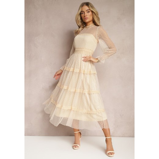 Beżowa Koronkowa Sukienka Rozkloszowana z Falbanką Faberlla ze sklepu Renee odzież w kategorii Sukienki - zdjęcie 169786976