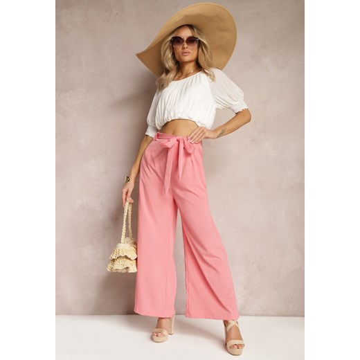 Różowe Szerokie Spodnie z Materiałowym Paskiem w Typie Paper Bag Lasette ze sklepu Renee odzież w kategorii Spodnie damskie - zdjęcie 169787086