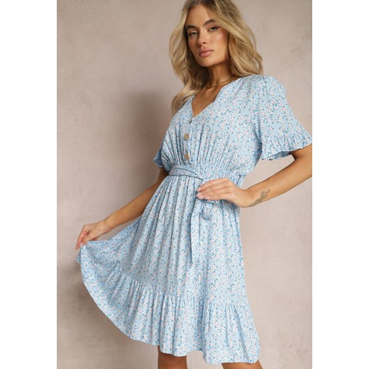 Niebieska Rozkloszowana Sukienka Wiskozowa Mini w Kwiatowy Print z Falbanką Taelle ze sklepu Renee odzież w kategorii Sukienki - zdjęcie 169787299