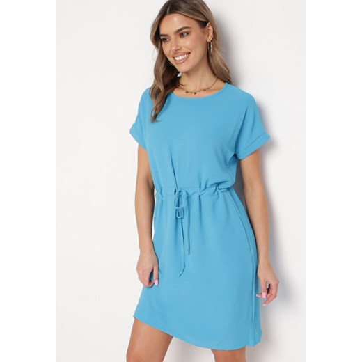 Niebieska Sukienka Mini z Krótkim Rękawem Ściągana w Pasie Troczkami Bellisant ze sklepu Born2be Odzież w kategorii Sukienki - zdjęcie 169788087