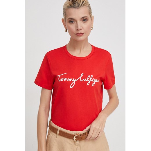 Tommy Hilfiger t-shirt bawełniany damski kolor czerwony WW0WW41674 ze sklepu ANSWEAR.com w kategorii Bluzki damskie - zdjęcie 169793799