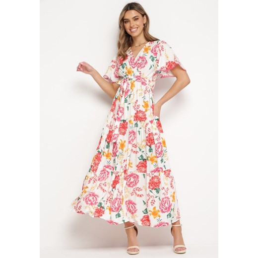 Biało-Różowa Sukienka Maxi z Gumką w Talii z Szerokimi Rękawami i Kwiatowym Printem Nodriala ze sklepu Born2be Odzież w kategorii Sukienki - zdjęcie 169815217