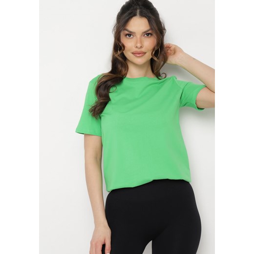 Zielony Gładki T-shirt z Elastycznej Bawełny z Krótkim Rękawem Derdiara ze sklepu Born2be Odzież w kategorii Bluzki damskie - zdjęcie 169815407