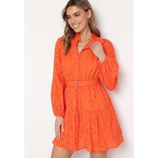 Pomarańczowa Haftowana Sukienka Mini z Bawełny z Paskiem i Ażurowym Wzorem Aislina ze sklepu Born2be Odzież w kategorii Sukienki - zdjęcie 169815916