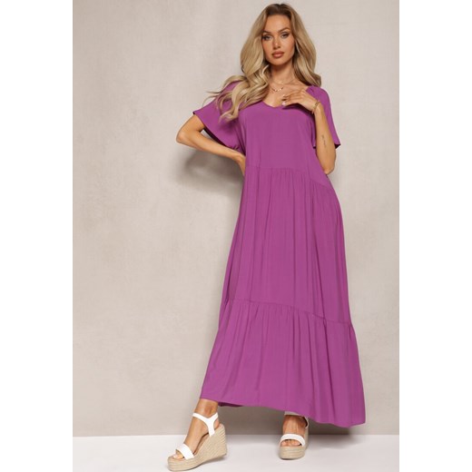 Fioletowa Maxi Sukienka Rozkloszowana z Bawełny z Trójkątnym Dekoltem Eriwen Renee XL promocja Renee odzież