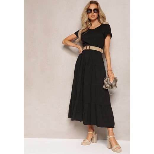 Czarna Rozkloszowana Sukienka Maxi z Bawełny Sanjees ze sklepu Renee odzież w kategorii Sukienki - zdjęcie 169822058