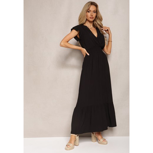 Czarna Rozkloszowana Sukienka Maxi z Bawełny o Kopertowym Kroju Asmerie ze sklepu Renee odzież w kategorii Sukienki - zdjęcie 169822077