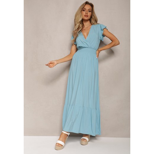 Jasnoniebieska Rozkloszowana Sukienka Maxi z Bawełny o Kopertowym Kroju Asmerie ze sklepu Renee odzież w kategorii Sukienki - zdjęcie 169822087
