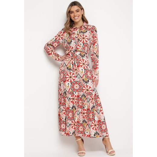 Różowo-Czerwona Rozkloszowana Sukienka Koszulowa z Wiskozy i Wiązanym Paskiem M wyprzedaż Born2be Odzież