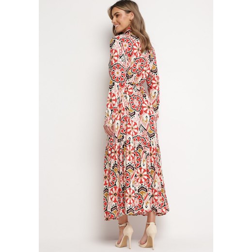 Różowo-Czerwona Rozkloszowana Sukienka Koszulowa z Wiskozy i Wiązanym Paskiem M okazyjna cena Born2be Odzież