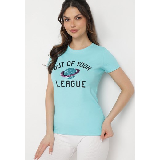 Miętowy Bawełniany T-shirt z Ozdobnym Cekinowym Nadrukiem i Napisami Olumi ze sklepu Born2be Odzież w kategorii Bluzki damskie - zdjęcie 169822535