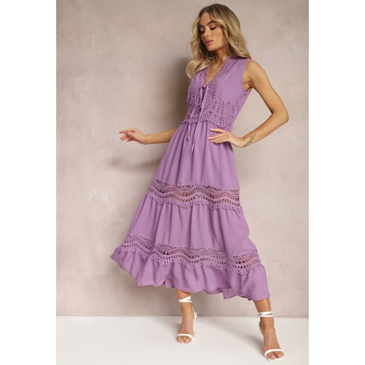 Fioletowa Maxi Sukienka o Rozkloszowanym Kroju z Ażurowymi Wstawkami Litulla ze sklepu Renee odzież w kategorii Sukienki - zdjęcie 169825409