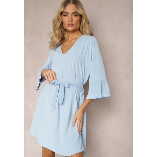 Niebieska Sukienka Mini z Trójkątnym Dekoltem z Paskiem i Rękawami z Plisowaniem Vespe ze sklepu Renee odzież w kategorii Sukienki - zdjęcie 169825506