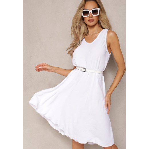 Biała Trapezowa Sukienka Midi na Ramiączkach Herddia ze sklepu Renee odzież w kategorii Sukienki - zdjęcie 169825819