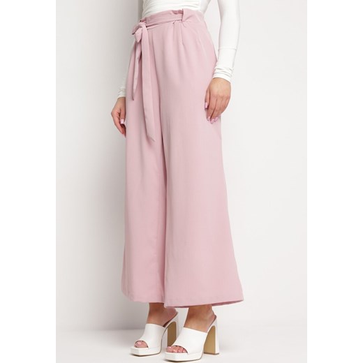 Ciemnoróżowe Spodnie Szerokie z Wiązaniem w Pasie Paper Bag Tisallas ze sklepu Born2be Odzież w kategorii Spodnie damskie - zdjęcie 169830268