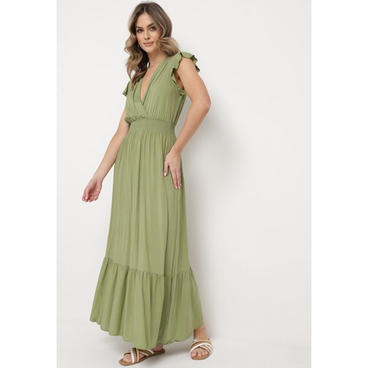 Zielona Bawełniana Sukienka Maxi z Kopertową Górą Rozkloszowana Xaliara ze sklepu Born2be Odzież w kategorii Sukienki - zdjęcie 169830597
