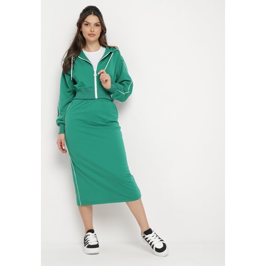 Zielony Komplet ze Spódnicą Ołówkową i Krótką Bluzą z Kapturem Xordia ze sklepu Born2be Odzież w kategorii Komplety i garnitury damskie - zdjęcie 169830616