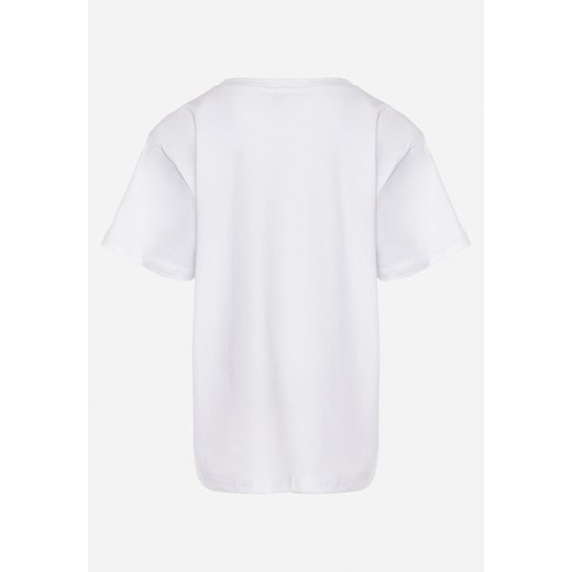Biała Koszulka z Bawełny z Krótkim Rękawem i Ozdobnym Napisem Froza 170 okazja Born2be Odzież