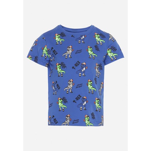 Niebieska Koszulka T-shirt z Bawełny z Nadrukiem w Dinozaury Lesandra ze sklepu Born2be Odzież w kategorii Bluzki dziewczęce - zdjęcie 169830727