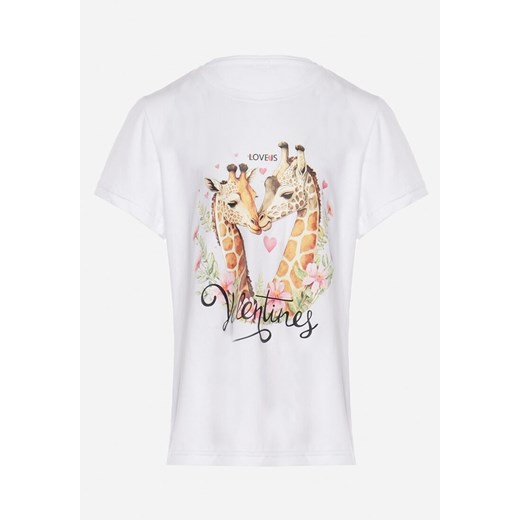Biała Bawełniana Koszulka z Krótkim Rękawem z Nadrukiem z Żyrafą Frezjala ze sklepu Born2be Odzież w kategorii Bluzki dziewczęce - zdjęcie 169830737