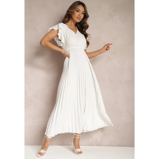 Biała Rozkloszowana Sukienka z Plisami Maxi z Falbankami przy Ramionach Nethula ze sklepu Renee odzież w kategorii Sukienki - zdjęcie 169855865