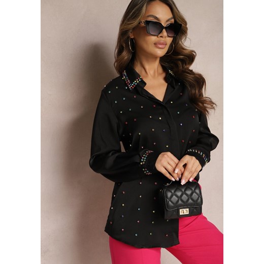 Czarna Elegancka Koszula z Długim Rękawem z Błyszczącymi Ćwiekami i Cyrkoniami Ednasia ze sklepu Renee odzież w kategorii Koszule damskie - zdjęcie 169856097