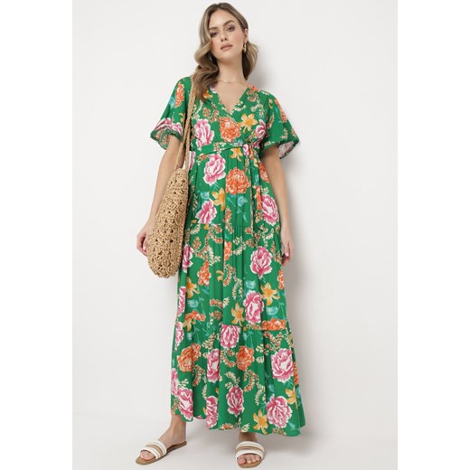 Zielona Sukienka Maxi z Gumką w Talii z Szerokimi Rękawami i Kwiatowym Printem Nodriala ze sklepu Born2be Odzież w kategorii Sukienki - zdjęcie 169856256