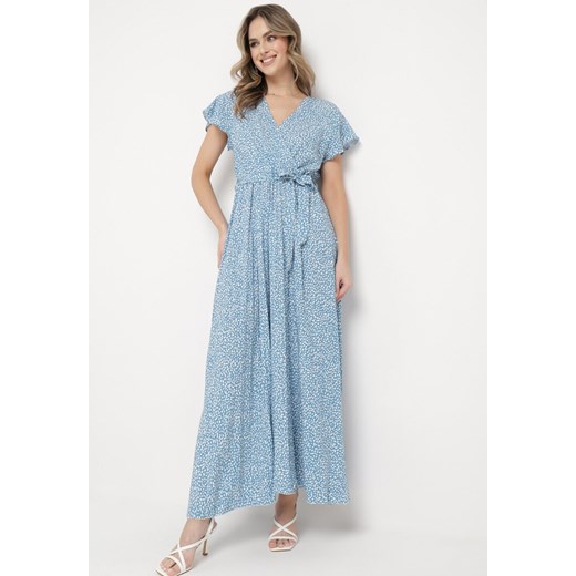 Niebieska Sukienka Maxi z Wiązanym Paskiem i Kopertowym Dekoltem z Gumką w Talii Liorllita ze sklepu Born2be Odzież w kategorii Sukienki - zdjęcie 169856276