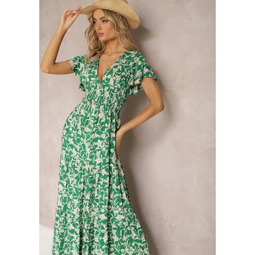 Zielona Sukienka z Gumką w Pasie w Kwiatowy Wzór z Ozdobnymi Guzikami Ellsa ze sklepu Renee odzież w kategorii Sukienki - zdjęcie 169864199