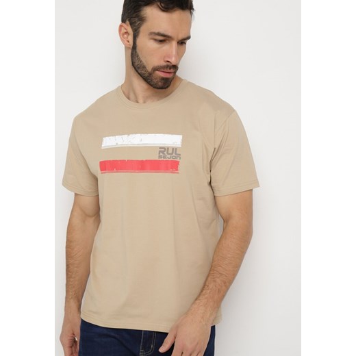 Beżowa Koszulka Bawełniana z Nadrukiem Junikobia ze sklepu Born2be Odzież w kategorii T-shirty męskie - zdjęcie 169867965