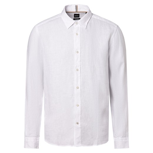 BOSS Męska koszula lniana - S-LIAM-kent-C1-233 Mężczyźni Regular Fit len biały jednolity ze sklepu vangraaf w kategorii Koszule męskie - zdjęcie 169878666