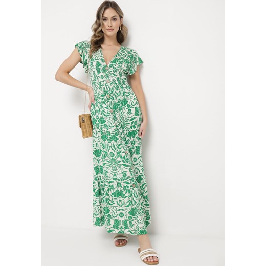 Zielona Rozkloszowana Sukienka Maxi z Luźnym Rękawem w Kwiatowy Print Oxeria ze sklepu Born2be Odzież w kategorii Sukienki - zdjęcie 169879345