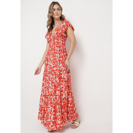 Czerwono-Beżowa Sukienka Maxi w Kwiaty z Falowanymi Rękawkami i Gumką w Talii Mulanitti ze sklepu Born2be Odzież w kategorii Sukienki - zdjęcie 169879355