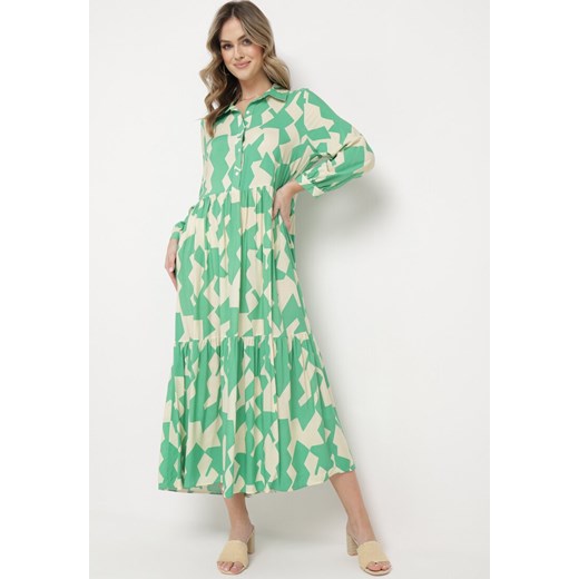 Zielono-Beżowa Rozkloszowana Sukienka Maxi Koszulowa z Geometrycznym Wzorem Pholimena ze sklepu Born2be Odzież w kategorii Sukienki - zdjęcie 169879415