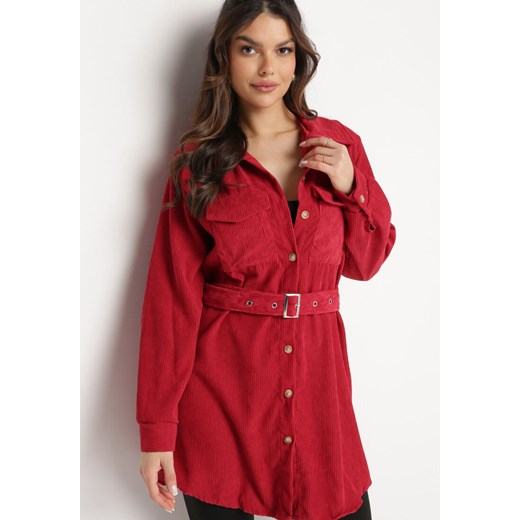 Czerwona Koszula o Długim Fasonie ze Sztruksu z Paskiem na Klamerkę Nawin ze sklepu Born2be Odzież w kategorii Koszule damskie - zdjęcie 169879606